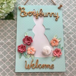 Everybunny Welcome Wooden Sign Decor Metal Flowers Bunny Pom Pom Tail